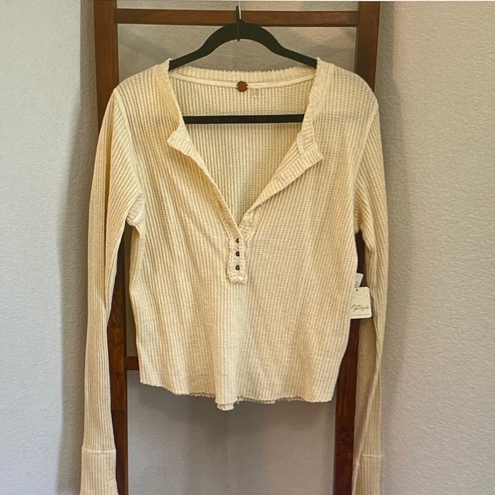 Free People Cream Waffle Henley Long Sleeve Top - Button Placket